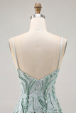Green Bodycon Spaghetti Straps Beaded Graduation Dress with Sequins