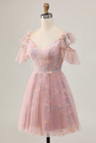 Blush A-Line Cold Shoulder Floral Short Graduation Dress with Appliques