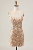 Sparkly Champagne Sequins Bodycon Graduation Dress with Beading