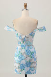White Blue Flower Bodycon Off the Shoulder Sequins Short Graduation Dress