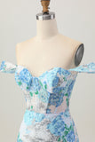 White Blue Flower Bodycon Off the Shoulder Sequins Short Graduation Dress