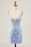 Light Blue Bodycon Floral Sequins Graduation Dress with Appliques