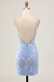 Light Blue Bodycon Floral Sequins Graduation Dress with Appliques