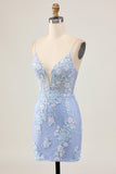 Light Blue Bodycon Floral Sequins Graduation Dress with Appliques