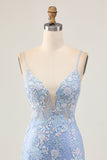 Light Blue Bodycon Floral Sequins Graduation Dress with Appliques