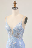 Light Blue Bodycon Floral Sequins Graduation Dress with Appliques