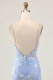 Light Blue Bodycon Floral Sequins Graduation Dress with Appliques