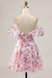 Pink Floral A Line Cold Shoulder Short Graduation Dress