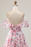 Pink Floral A Line Cold Shoulder Short Graduation Dress