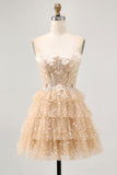 Champagne A Line Strapless Tiered Appliqued Graduation Dress
