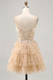 Champagne A Line Strapless Tiered Appliqued Graduation Dress