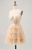 Champagne A Line Strapless Tiered Appliqued Graduation Dress