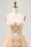 Champagne A Line Strapless Tiered Appliqued Graduation Dress