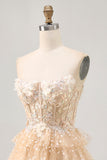 Champagne A Line Strapless Tiered Appliqued Graduation Dress