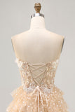 Champagne A Line Strapless Tiered Appliqued Graduation Dress