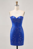 Strapless Royal Blue Beaded Bodycon Short Graduation Dress