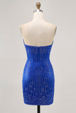 Strapless Royal Blue Beaded Bodycon Short Graduation Dress