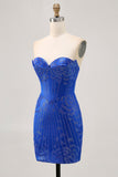Strapless Royal Blue Beaded Bodycon Short Graduation Dress