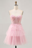 Strapless Pink A Line Corset Graduation Dress with Appliques