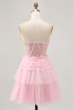 Strapless Pink A Line Corset Graduation Dress with Appliques
