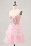 Strapless Pink A Line Corset Graduation Dress with Appliques
