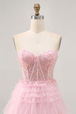 Strapless Pink A Line Corset Graduation Dress with Appliques
