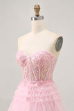 Strapless Pink A Line Corset Graduation Dress with Appliques