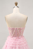 Strapless Pink A Line Corset Graduation Dress with Appliques