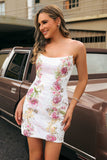 Sequins Floral Strapless Bodycon White Graduation Dress