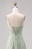 Sage Green Lace Corset A Line Long Bridesmaid Dress
