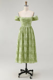 Sage Green Floral A Line Off The Shoulder Midi Bridesmaid Dress