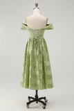 Sage Green Floral A Line Off The Shoulder Midi Bridesmaid Dress