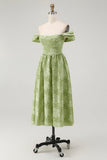 Sage Green Floral A Line Off The Shoulder Midi Bridesmaid Dress