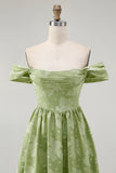 Sage Green Floral A Line Off The Shoulder Midi Bridesmaid Dress