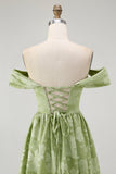 Sage Green Floral A Line Off The Shoulder Midi Bridesmaid Dress