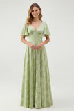 Green Floral A Line Short Sleeve Bridesmaid Dress