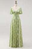Green Floral A Line Short Sleeve Bridesmaid Dress