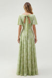 Green Floral A Line Short Sleeve Bridesmaid Dress