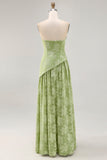 Floral Strapless Printed Sage Green Bridesmaid Dress with Slit