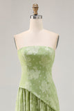 Floral Strapless Printed Sage Green Bridesmaid Dress with Slit