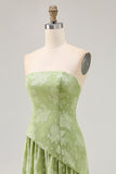 Floral Strapless Printed Sage Green Bridesmaid Dress with Slit