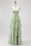 Dusty Sage A Line Corset Tiered Chiffon Long Bridesmaid Dress with Slit