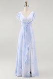 Blue Floral A Line V Neck Chiffon Long Bridesmaid Dress with Slit
