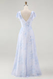 Blue Floral A Line V Neck Chiffon Long Bridesmaid Dress with Slit