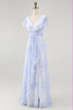 Blue Floral A Line V Neck Chiffon Long Bridesmaid Dress with Slit
