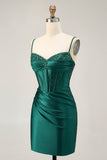 Dark Green Corset Bodycon Sequins Satin Graduation Dress