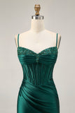 Dark Green Corset Bodycon Sequins Satin Graduation Dress