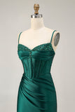 Dark Green Corset Bodycon Sequins Satin Graduation Dress