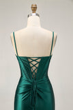 Dark Green Corset Bodycon Sequins Satin Graduation Dress