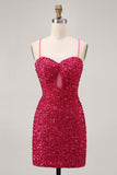 Sparkly Sequins Fuchsia Spaghetti Straps Short Tight Graduation Dress